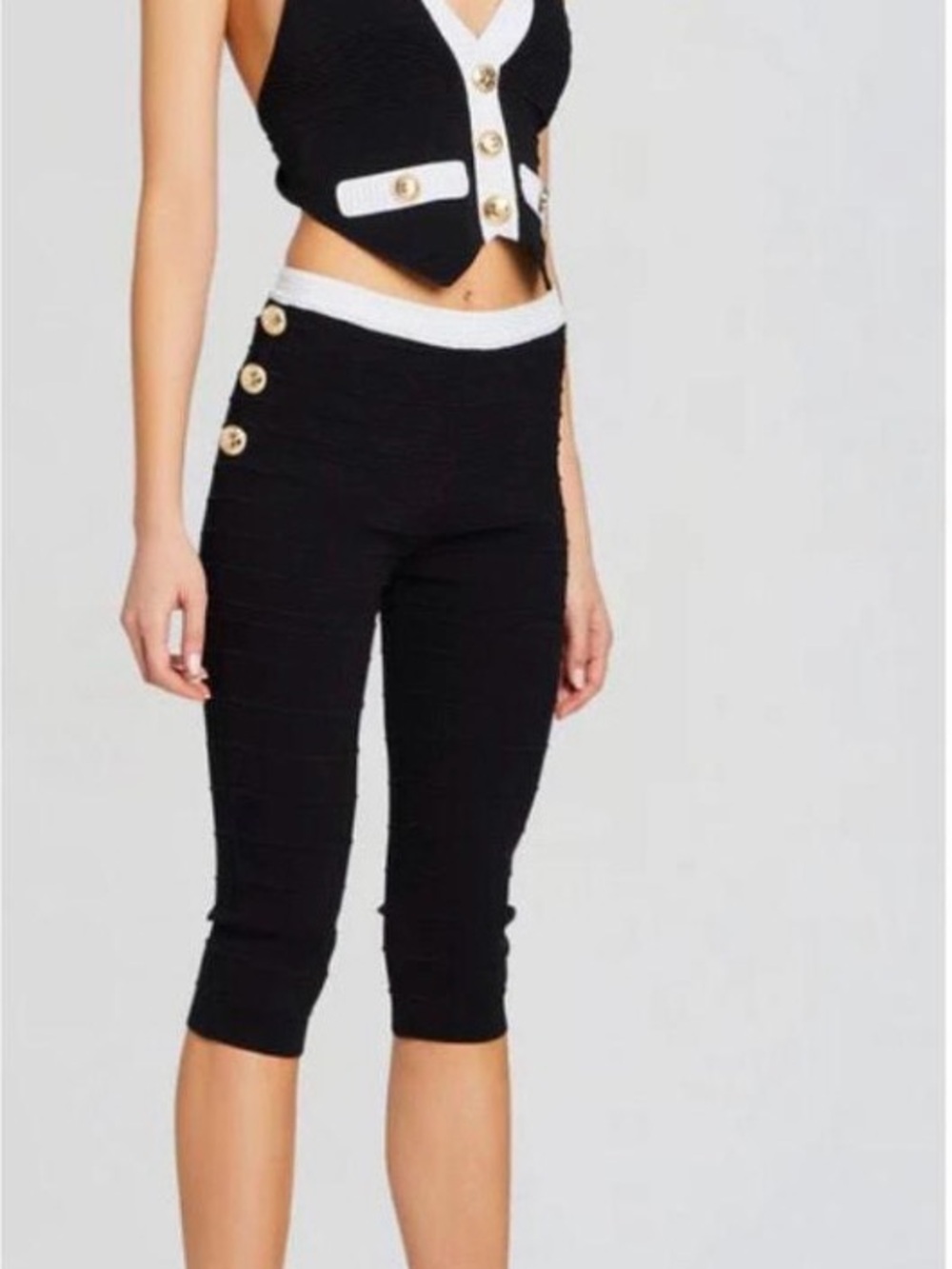 Retrofete Black Cropped Ponte Capris with White Trim & Gold Buttons